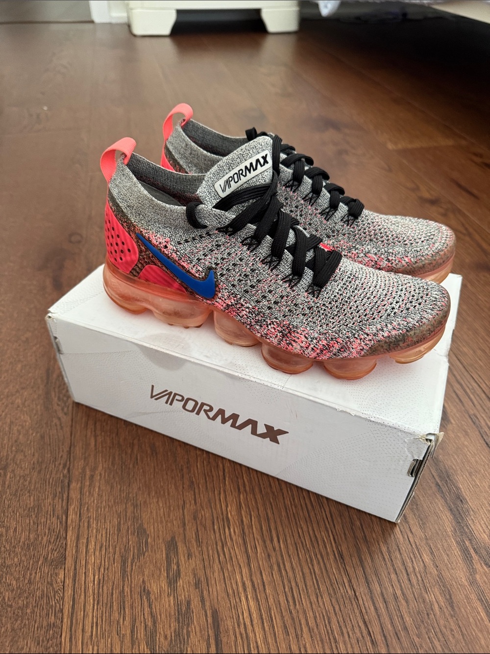 Nike Womens' VaporMax Flyknit Shoes - Gray/Coral with Blue Swoosh